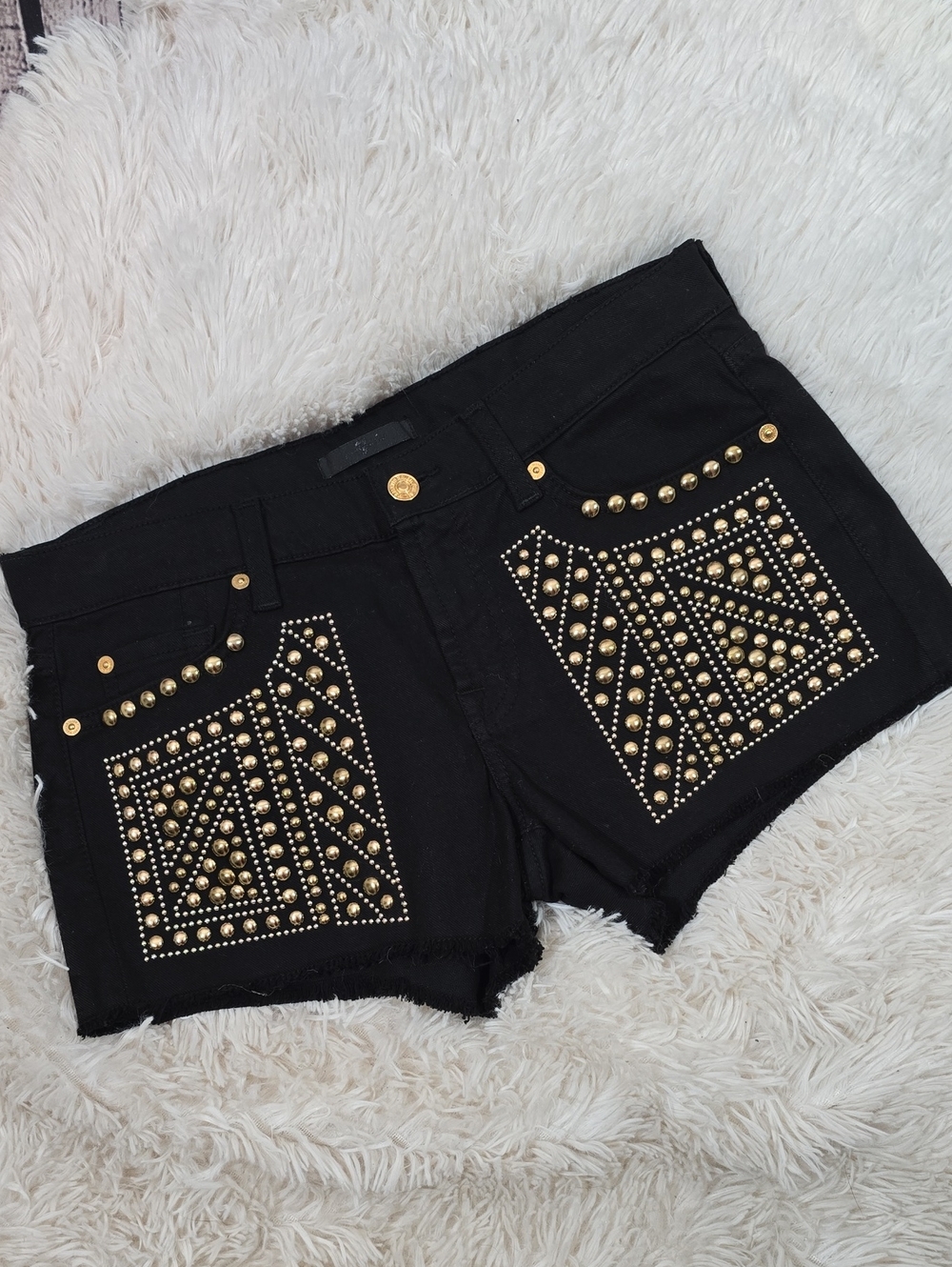 7 For All Mankind Black Denim Shorts with Gold Stud Accents Size 28